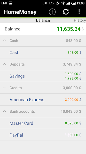 HomeMoney Android app accounts and balances screen